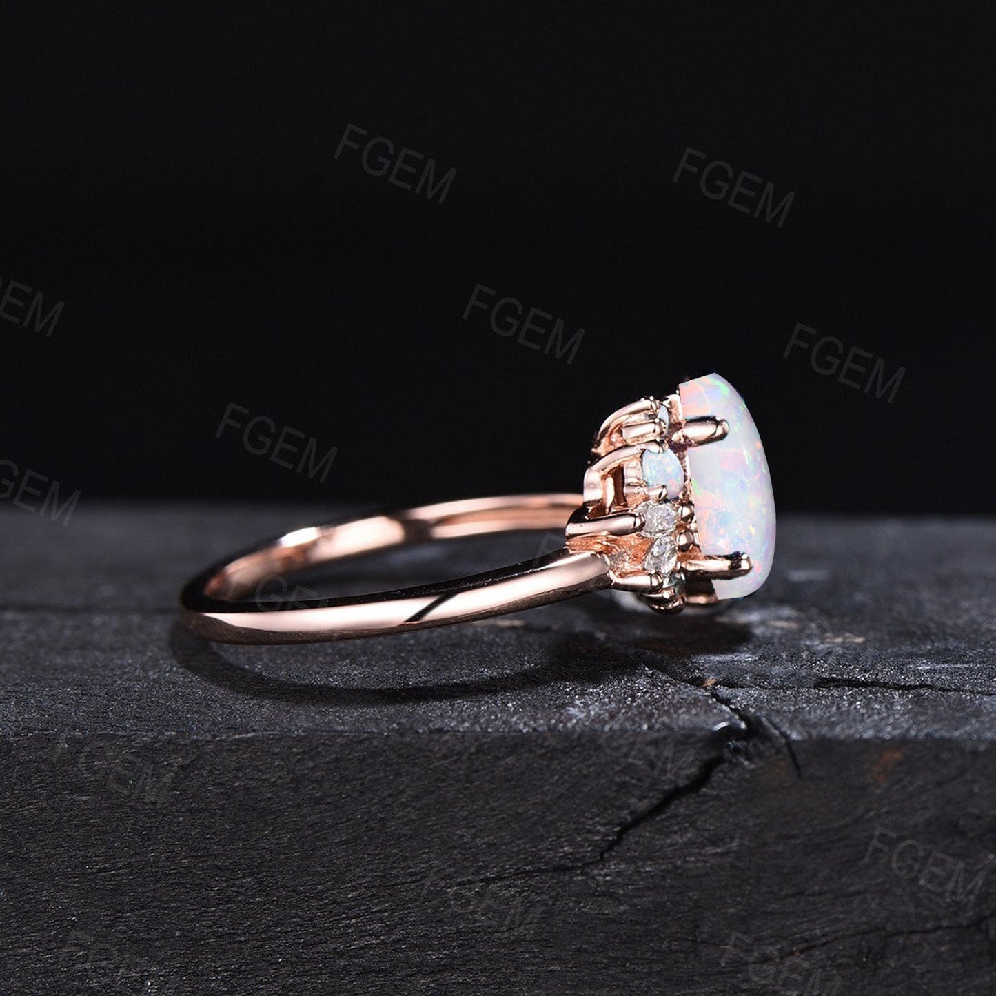 Coffin Shaped White Opal Ring for Women Rose Gold Ring Coffin Opal Engagement Ring Moissanite Cluster Ring October Birthstone Jewelry Gifts