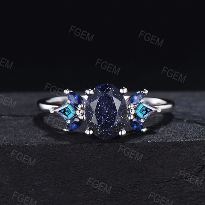 1.5ct Oval Cut Galaxy Starry Sky Blue Sandstone Cluster Engagement Rings Blue Sapphire Kite Alexandrite Ring Unique Handmade Proposal Gifts