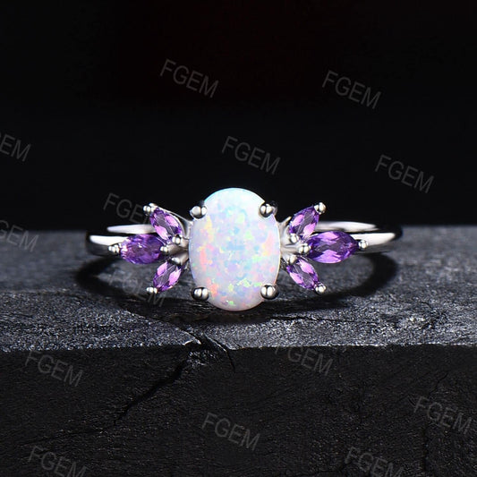 White Opal Ring for Women 1.5ct Oval Cut Opal Engagement Ring Sterling Silver Cluster Marquise Amethyst Ring October Birthstone Jewelry Gift