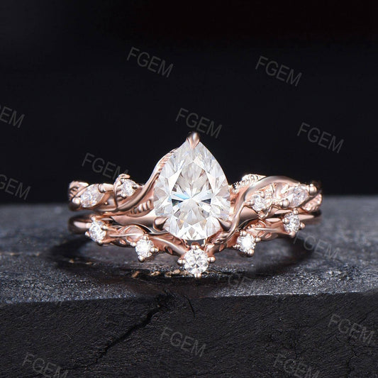 Twist Twig Nature Inspired Pear Moissanite Engagement Ring Set 14K Rose Gold Leaf Cluster Moissanite Diamond Wedding Bridal Set Promise Gift