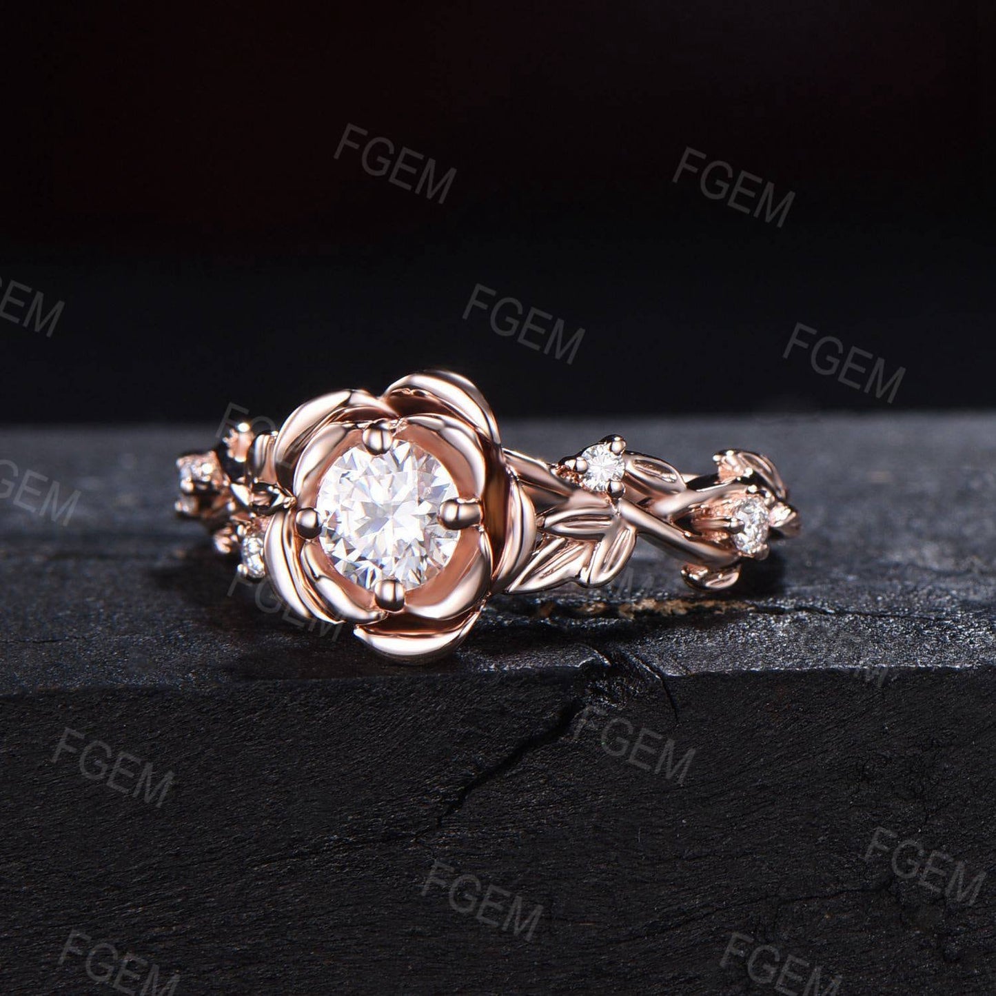 Nature Inspired Rose Flower Engagement Ring 5mm Round Cut Moissanite Wedding Ring for Women 10K/14K/18K Rose Gold Twig Leaf Branch Floral Ring