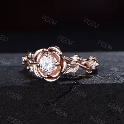 Nature Inspired Rose Flower Engagement Ring 5mm Round Cut Moissanite Wedding Ring for Women 10K/14K/18K Rose Gold Twig Leaf Branch Floral Ring