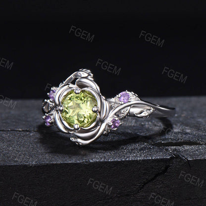 Rose Flower Engagement Ring 5mm Round Natural Peridot Wedding Ring Nature Inspired Leaf Floral Cluster Amethyst Ring August Birthstone Gift