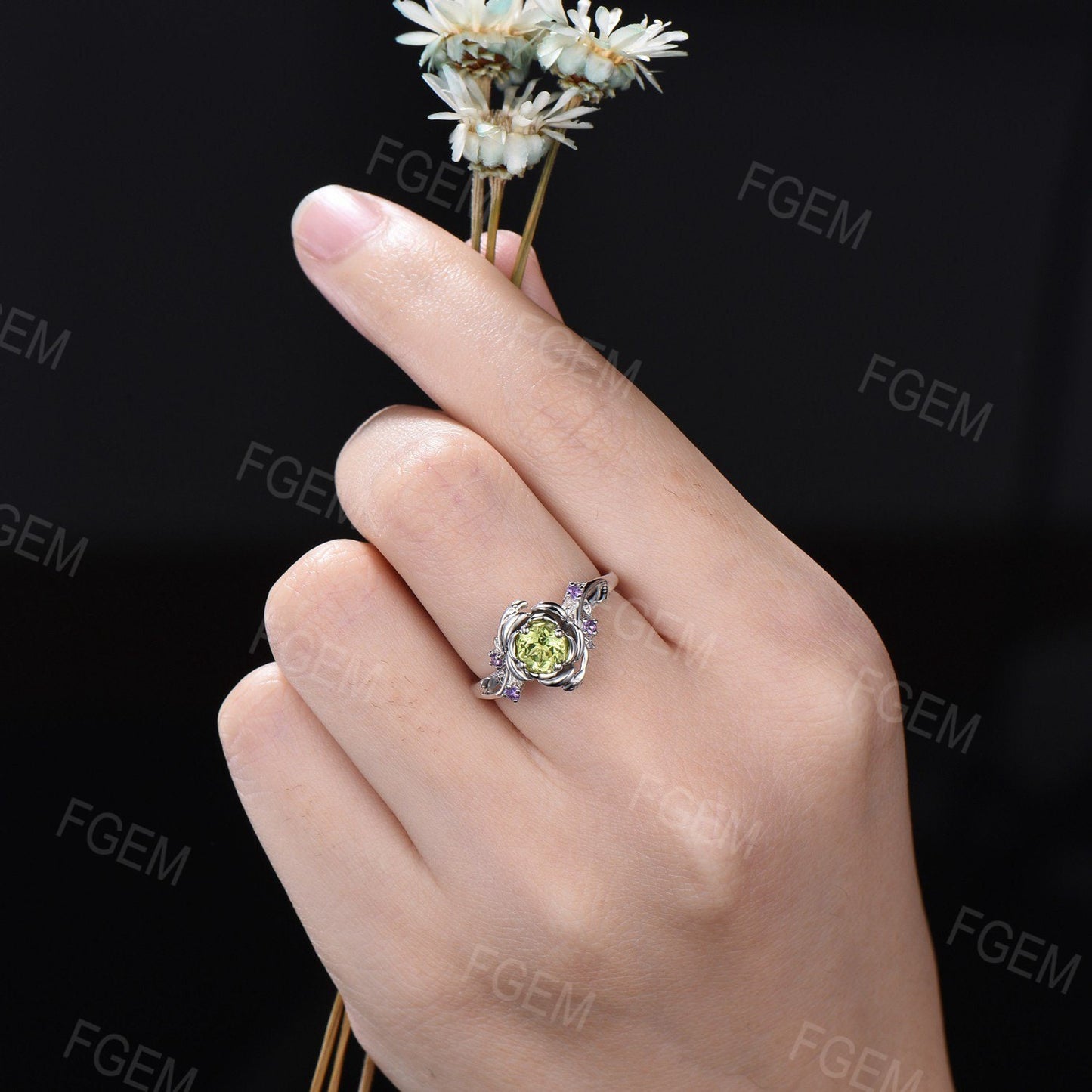 Rose Flower Engagement Ring 5mm Round Natural Peridot Wedding Ring Nature Inspired Leaf Floral Cluster Amethyst Ring August Birthstone Gift