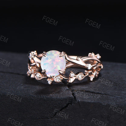 Twig Vine Opal Ring 10K Rose Gold Nature Inspired Round White Opal Engagement Ring Set Twist Vine Moissanite Diamond Opal Wedding Ring Set