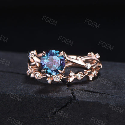 Twig Vine Color-Change Alexandrite Ring 10K Rose Gold Nature Inspired Round Cut Moissanite Alexandrite Ring Set June Wedding Bridal Ring Set