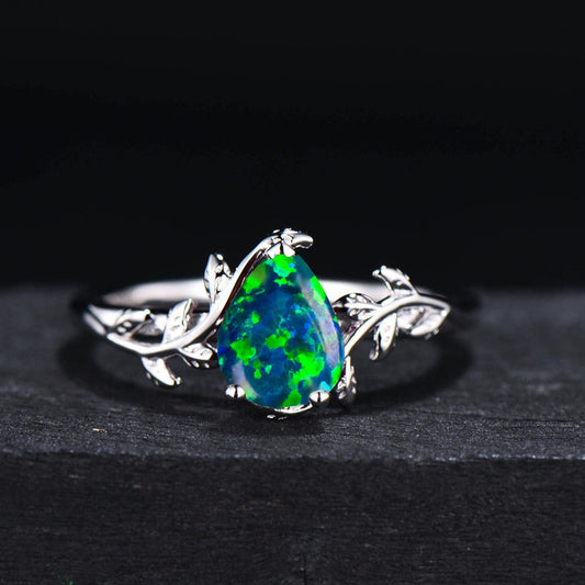 6*8mm Pear Shaped Black Fire Opal Ring Vintage Silver Twig Leaf Nature Inspired Opal Engagement Ring Anniversary Ring Women Proposal Gift
