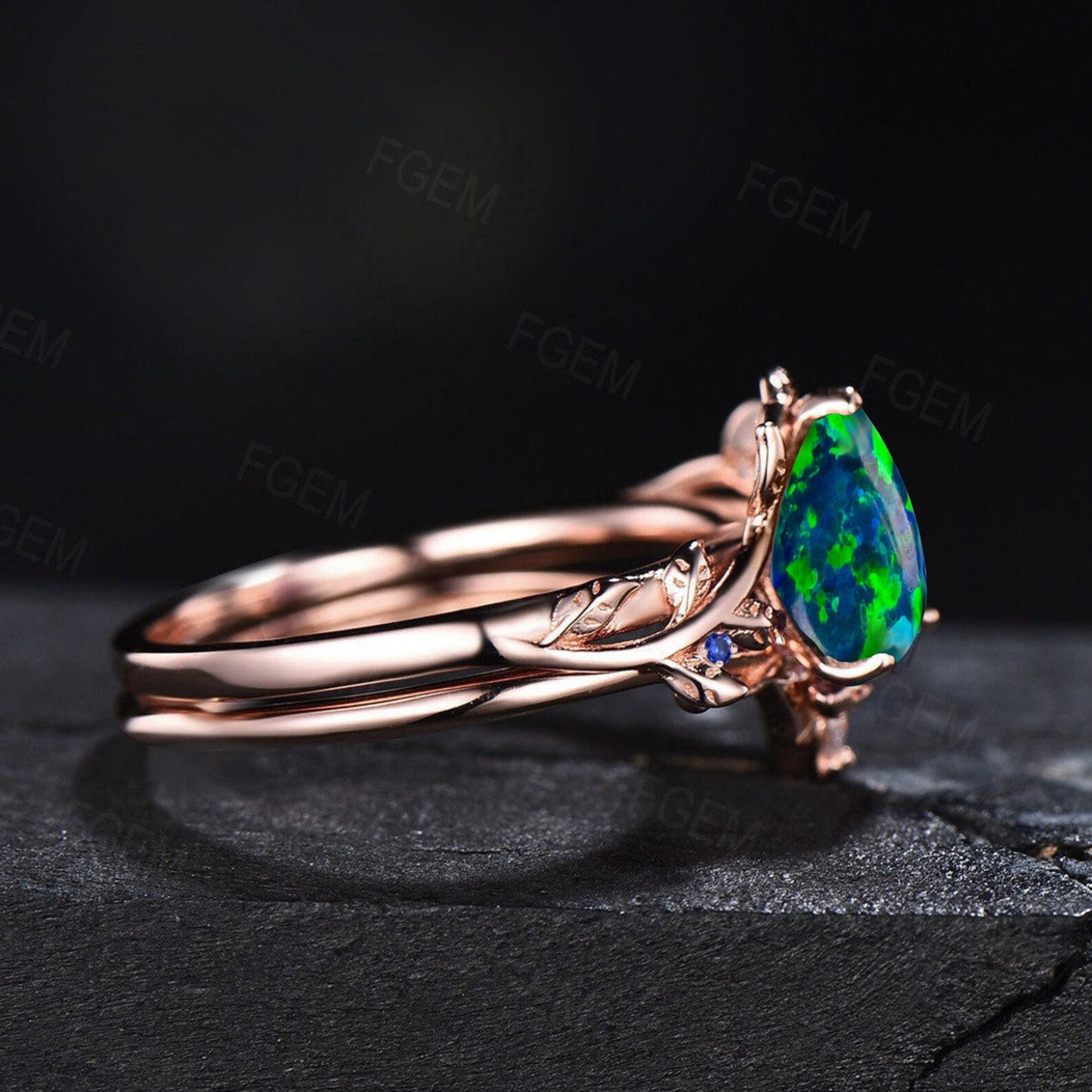 1.25ct Pear Shaped Black Fire Opal Ring Set Nature Inspired Opal Engagement Ring Leaf Vine Ring Unique Branch Wedding Ring Anniversary Gifts