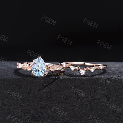 Nature Inspired Natural Aquamarine Moissanite Bridal Set 14K Rose Gold Pear Shaped Blue Aquamarine Branch Wedding Ring March Birthstone Gift