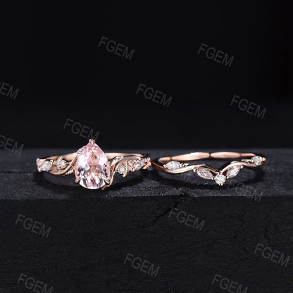 1.25ct Pear Shaped Natural Pink Morganite Diamond Engagement Ring Set Leaf Vine Ring Set Nature Inspired Pink Morganite Moissanite Ring Set