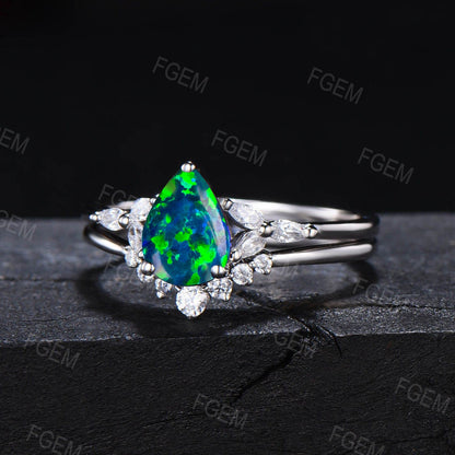 1.25ct Sterling Silver Pear Black Fire Opal Ring Set Women Antique Black Opal Wedding Ring Unique Healing Stones Anniversary/Promise Gifts
