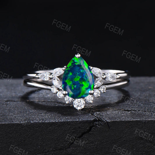 1.25ct Sterling Silver Pear Black Fire Opal Ring Set Women Antique Black Opal Wedding Ring Unique Healing Stones Anniversary/Promise Gifts