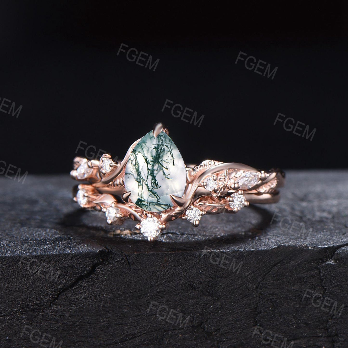 Branch Twig Design 1.25CT Pear Cut Natural Moss Agate Engagement Ring Set Vintage 14K Rose Gold Nature Inspired Moss Moissanite Wedding Ring