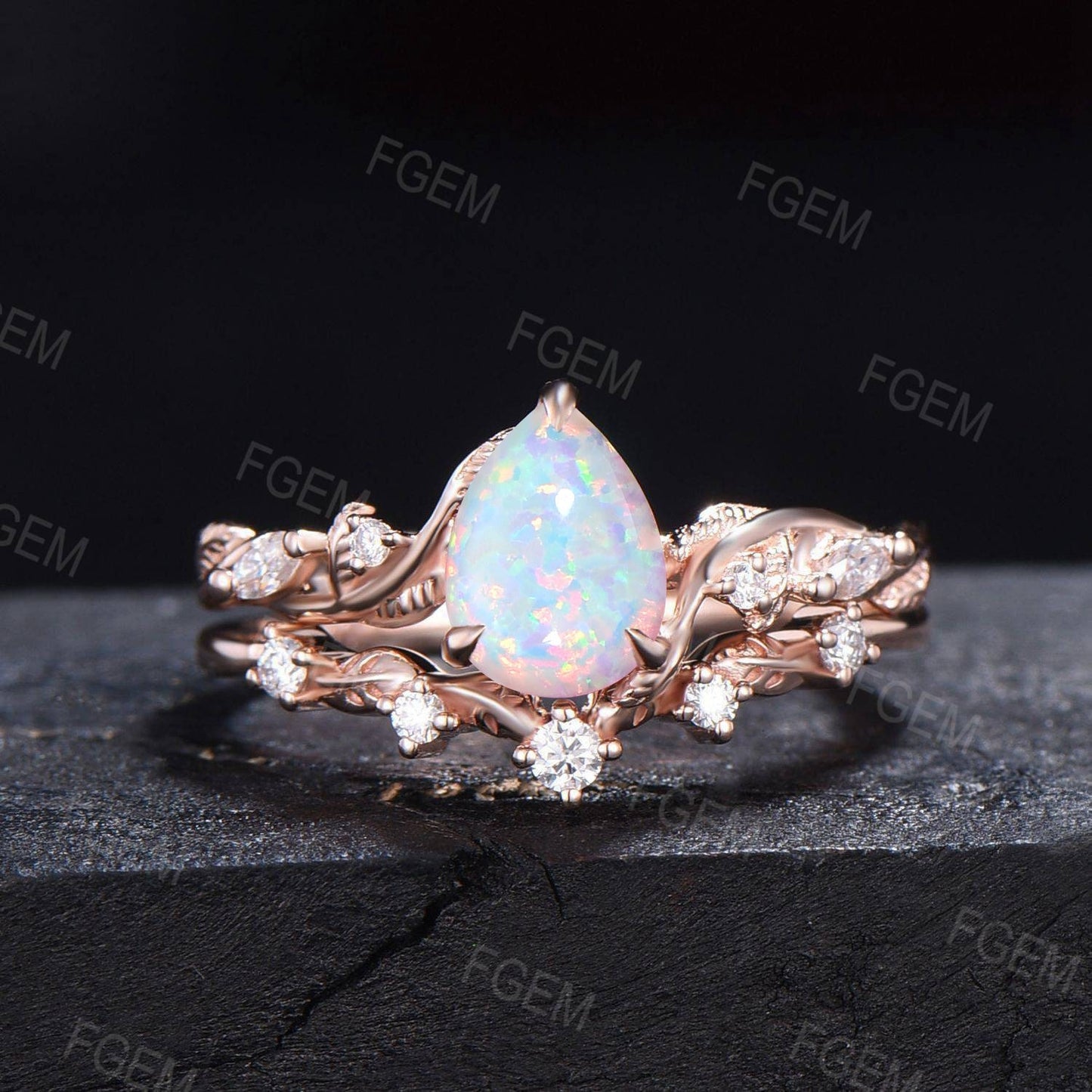 Twist Leaf Moissanite Opal Wedding Ring Set Nature Inspired White Opal Ring Set Vintage 1.25ct Pear Shaped Branch Twig Opal Engagement Ring