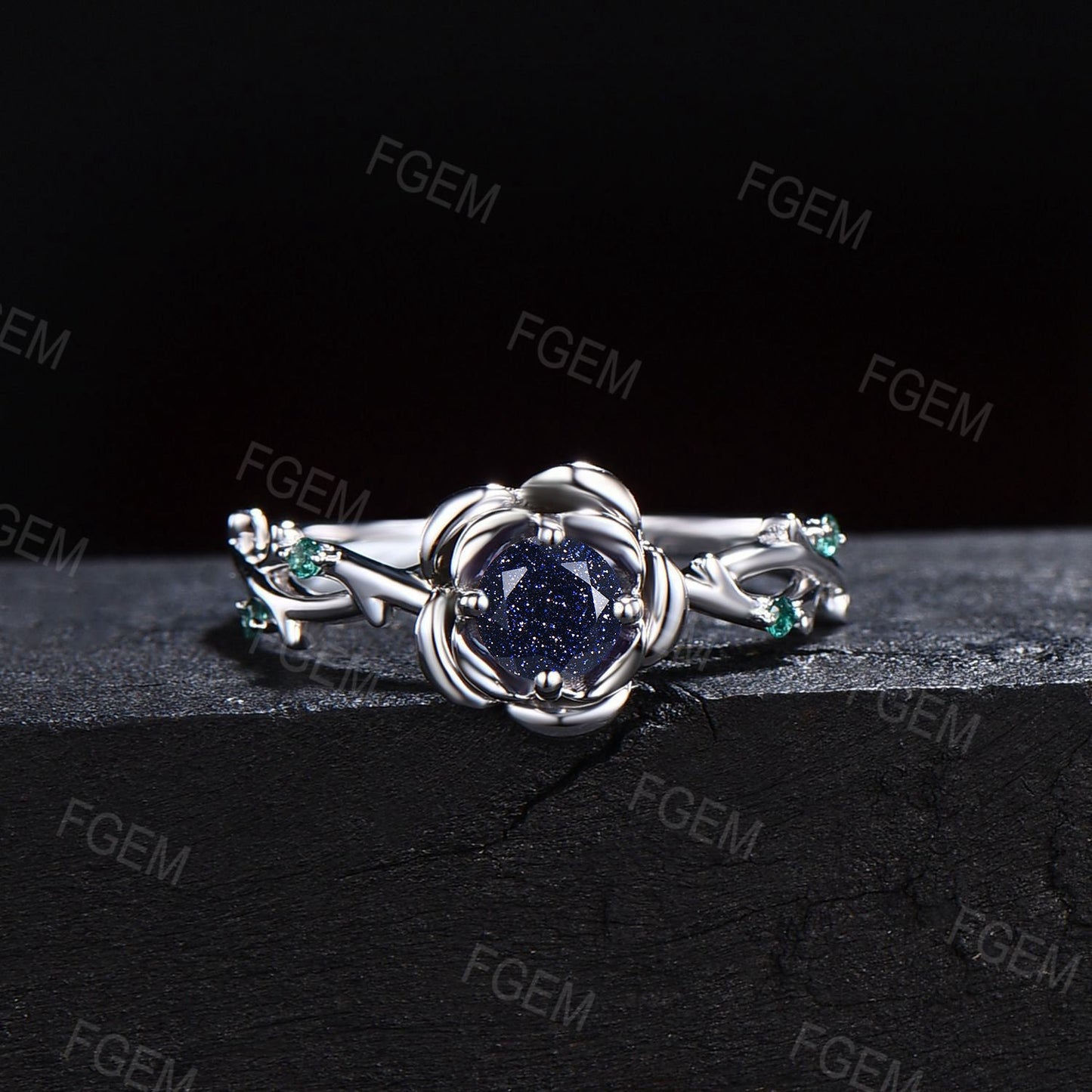 Rose Flower Galaxy Starry Sky Blue Sandstone Bridal Set Cluster Green Emerald Ring Twig Vine Floral Blue Goldstone Platinum Proposal Ring