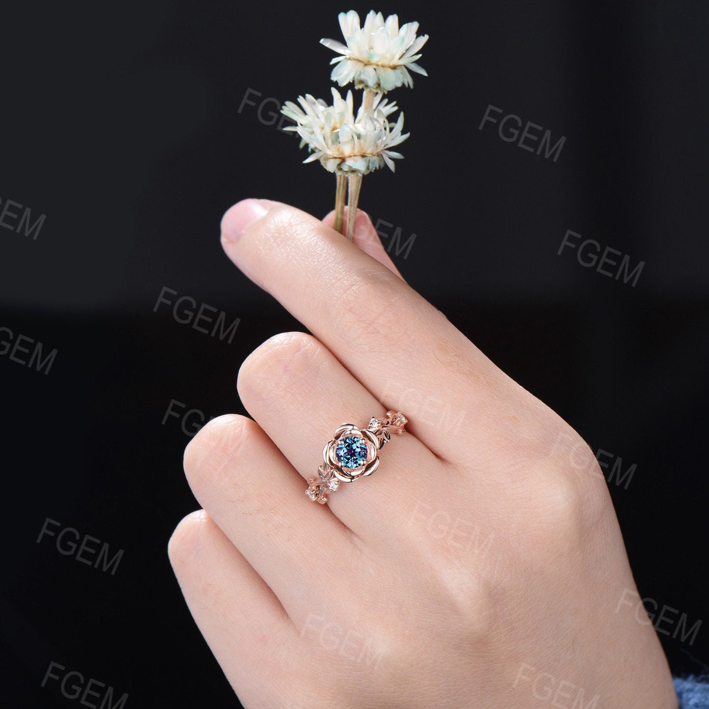 Rose Flower Alexandrite Ring 5mm Round Color-Change Alexandrite Engagement Rings Leaf Floral Nature Moissanite Ring Unique Anniversary Gift