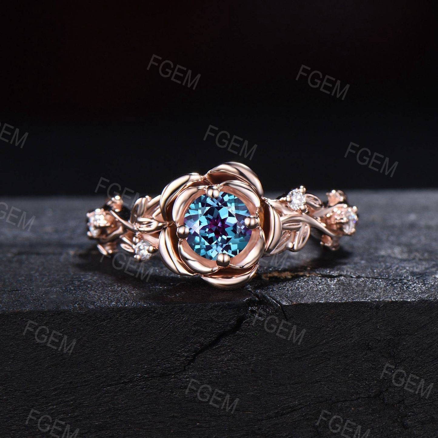 Rose Flower Alexandrite Ring 5mm Round Color-Change Alexandrite Engagement Rings Leaf Floral Nature Moissanite Ring Unique Anniversary Gift