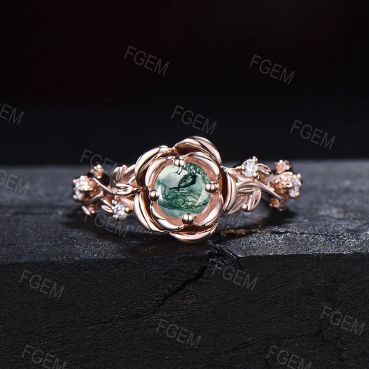 Nature Inspired Ring,Moss Rose Flower Engagement Ring,Leaf Branch Ring,Round Moss Agate ,14K Rose Gold Twig Flower Ring,Women Wedding Ring