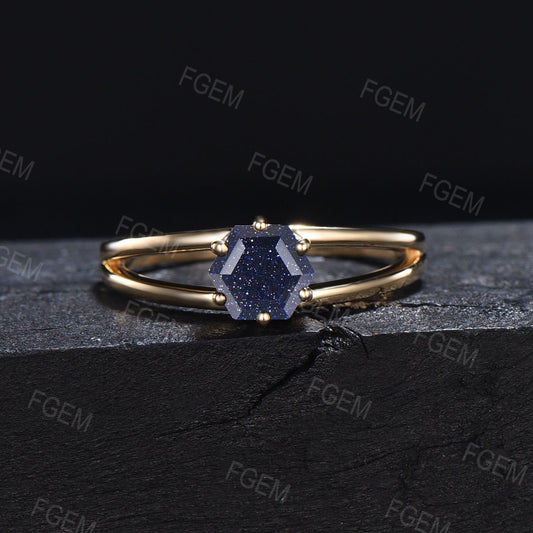 Hexagon Galaxy Blue Sandstone Solitaire Ring for Women Split Shank Ring Blue Goldstone Wedding Ring Unique Promise/Birthday/Anniversary Gift