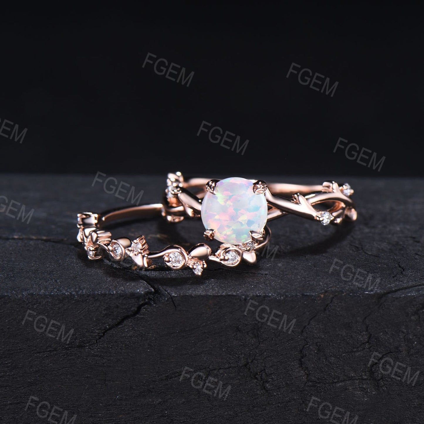 Twig Vine Opal Ring 10K Rose Gold Nature Inspired Round White Opal Engagement Ring Set Twist Vine Moissanite Diamond Opal Wedding Ring Set