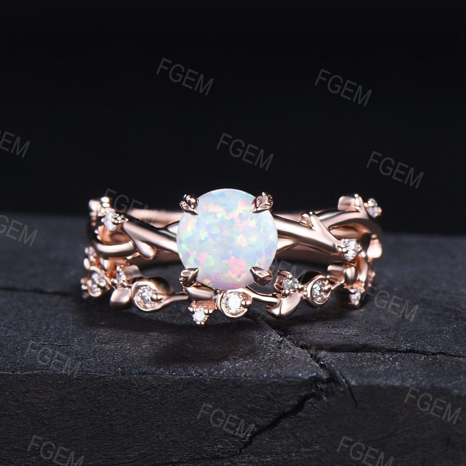 Best Opal Rings Twig Vine Opal Ring 10K Rose Gold Nature Inspired Round White Opal Eng ...