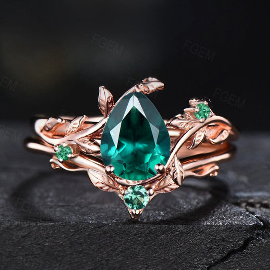 Vintage Green Emerald Nature Inspired Wedding Ring For Her Rose Gold Leaf Engagement Ring May Birthstone Ring Personalized Birthday Gifts