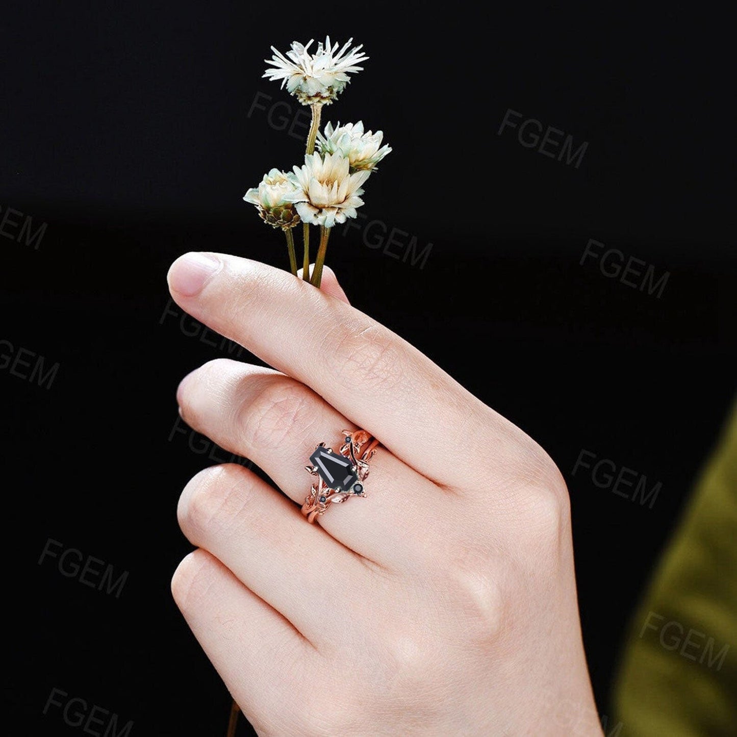 Vine Leaf Style Coffin Shape Natural Black Onyx Engagement Ring Set Vintage Black Gemstone Nature Ring Antique Black Promise Bridal Ring Set