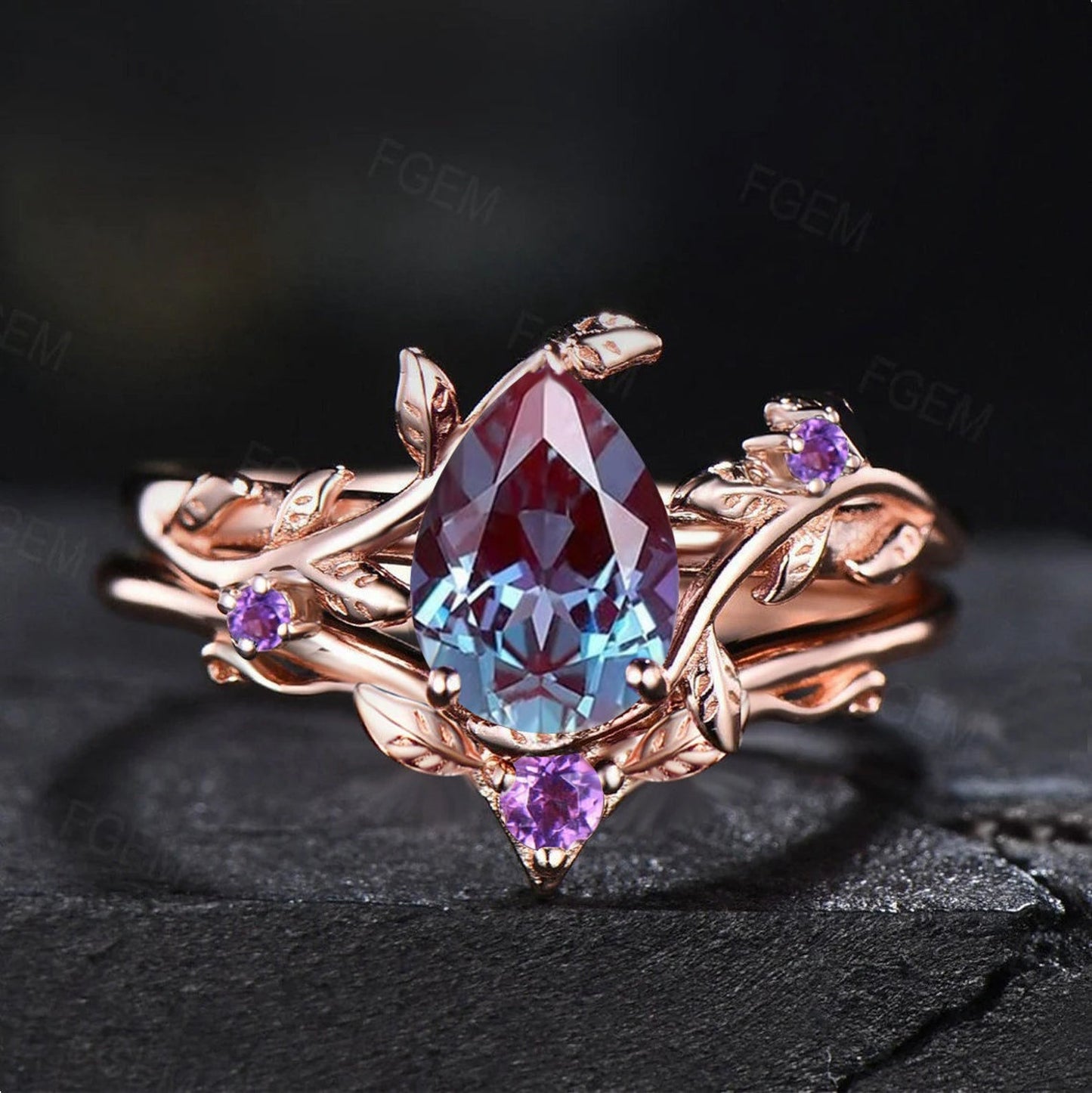 Pear Shaped Alexandrite Ring Set Nature Inspired Engagement Ring Leaf Vine Ring Set Unique Branch Solitaire Ring Wedding Anniversary Gifts
