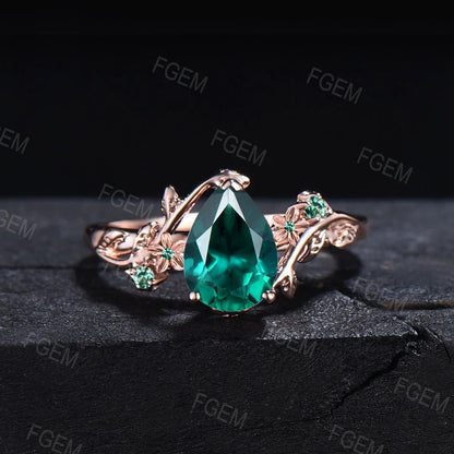 Nature Inspired Rose Flower Green Emerald Engagement Ring Set Branch Leaf Floral Wedding Ring Vintage 1.25ct Pear Cut Green Emerald Ring Set