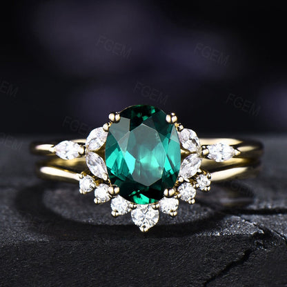 1.5ct Oval Cut Green Emerald Engagement Rings Set May Birthstone Gift Green Gemstone Jewelry Anniversary/Birthday Gift Sterling Silver Ring