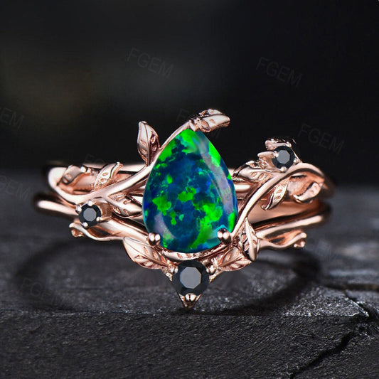 1.25ct Pear Shaped Black Fire Opal Ring Set Nature Inspired Opal Engagement Ring Leaf Vine Ring Unique Branch Wedding Ring Anniversary Gifts