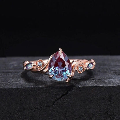 Rose Flower Alexandrite Rings 1.25ct Twig Vine Branch Nature Inspired Teardrop Cut Alexandrite Engagement Ring Unique June Birthstone Gifts