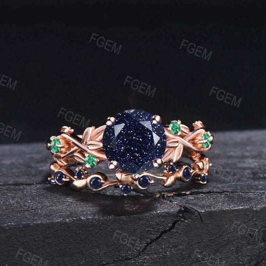 Branch Style Round Galaxy Starry Sky Blue Sandstone Bridal Set Cluster Green Emerald Twig Vine Blue Goldstone Wedding Band Anniversary Gifts