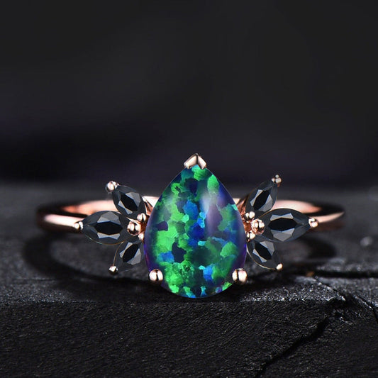1.25ct Pear Shaped Black Fire Opal Cluster Engagement Ring 10K Rose Gold Natural Black Spinel Ring Unique Handmade Proposal Gifts for Women