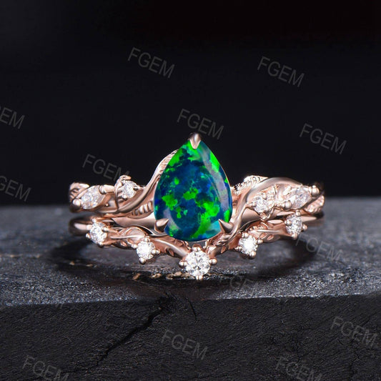Nature Inspired Black Fire Opal Engagement Ring Set Twist Band 1.25ct Pear Opal Moissanite Wedding Ring Set Leaf Vine Ring Branch Bridal Set