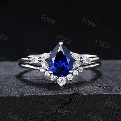 1.25ct Pear Shaped Blue Sapphire Ring for Ladies in Sterling Silver Royal Blue Sapphire Bridal Ring Set September Birthstone Jewelry Gifts