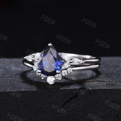 1.25ct Pear Shaped Blue Sapphire Ring for Ladies in Sterling Silver Royal Blue Sapphire Bridal Ring Set September Birthstone Jewelry Gifts