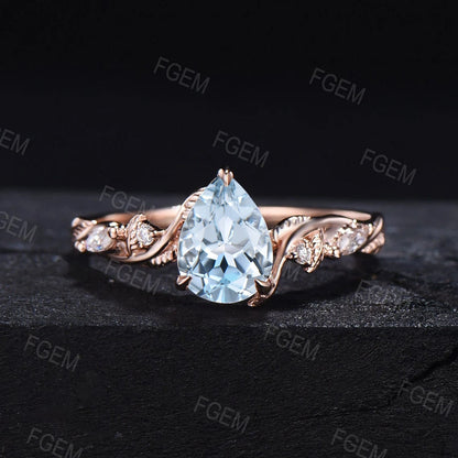 1.25ct Pear Cut Natural Aquamarine Gemstone Engagement Ring Set Twist Leaf Vine Aquamarine Moissanite Nature Bridal Set Moonstone Opal Band