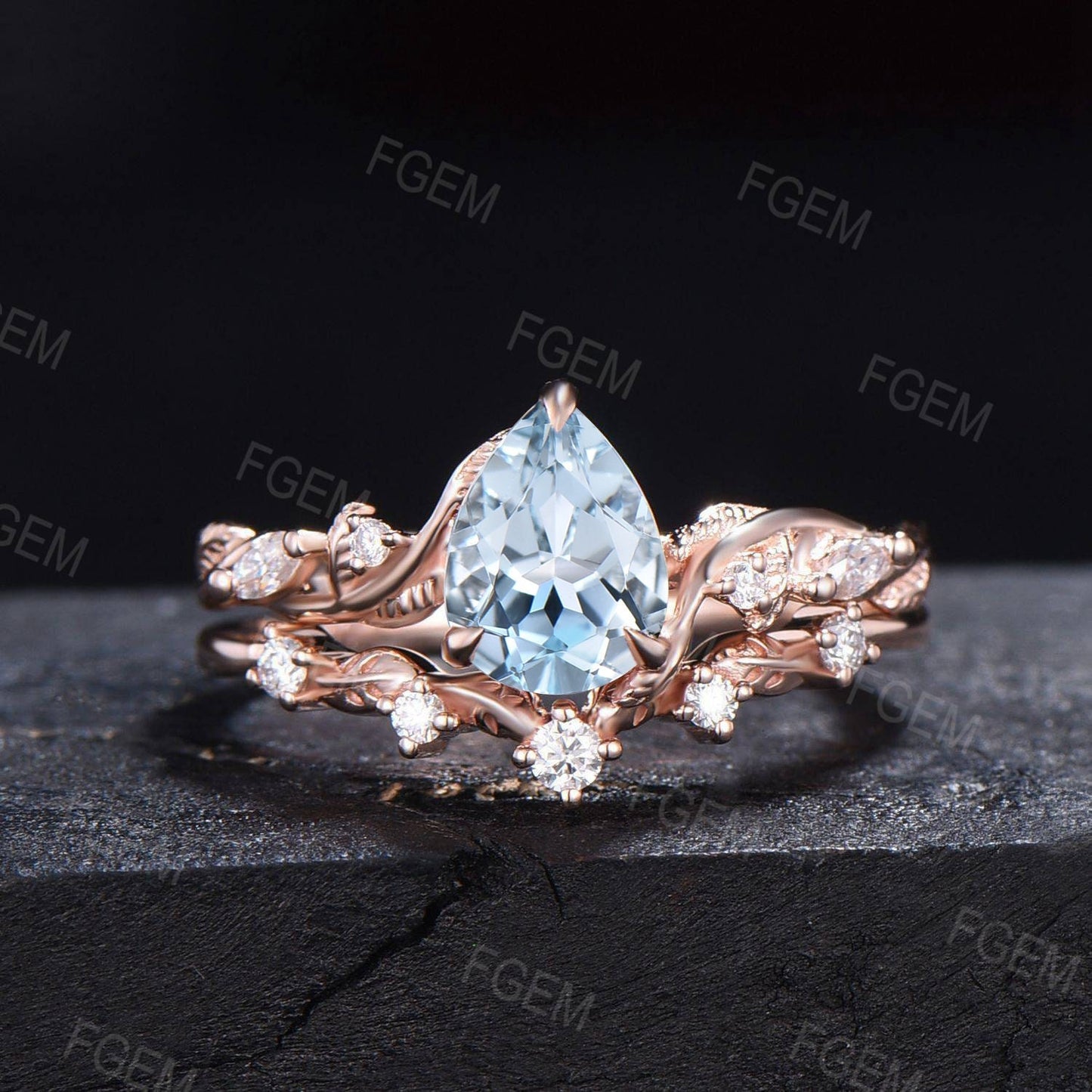 Nature Inspired Natural Aquamarine Moissanite Bridal Set 14K Rose Gold Pear Shaped Blue Aquamarine Branch Wedding Ring March Birthstone Gift