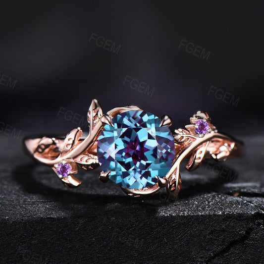 Nature Inspired Round Cut Color-Change Alexandrite Ring Vintage 1ct Alexandtite Nature Wedding Ring Leaf Branch Style Cluster Amethyst Ring