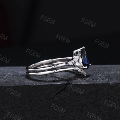 Galaxy Starry Sky Pear Blue Sandstone Ring Set Women Sterling Silver Ring CZ Diamond Wedding Band Proposal Gift Outer Space Ring Nebula Ring