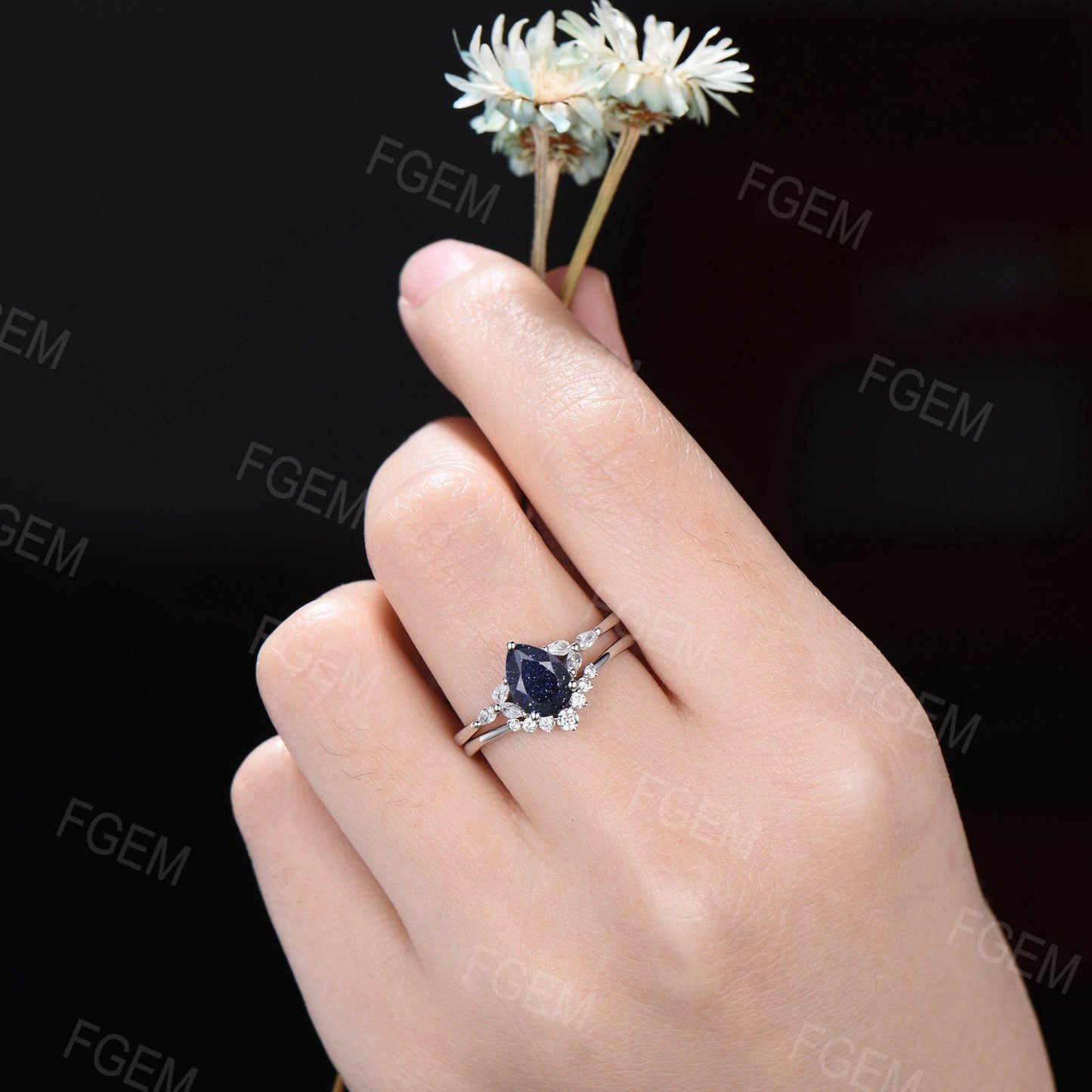 Galaxy Starry Sky Pear Blue Sandstone Ring Set Women Sterling Silver Ring CZ Diamond Wedding Band Proposal Gift Outer Space Ring Nebula Ring