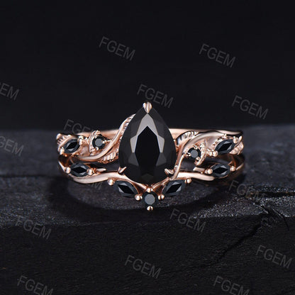 Nature Inspired Black Bridal Set 1.25ct Pear Cut Natural Black Onyx Engagement Ring Set Vintage Antique Art Deco Branch Black Wedding Ring