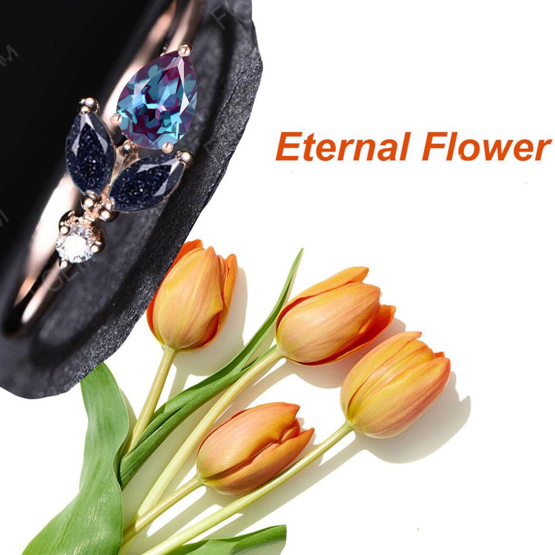 Unique Pear Alexandrite Flower Ring Dainty Leaf marquise Galaxy Blue Goldstone Ring July Birthstone Minimalist Wedding Ring Birthday Gifts