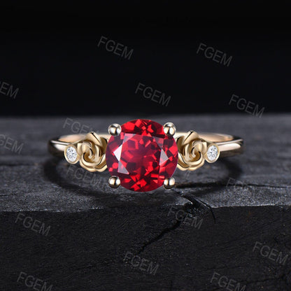 Rose Flower Nature Inspired Red Ruby Engagement Ring Round Ruby Nature Wedding Ring Floral Ruby Moissanite Ring July Birthstone Jewelry Gift