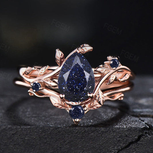 10K Rose Gold Nature Inspired Pear Blue Sandstone Bridal Ring Set Blue Gemstone Ring Blue Goldstone Cluster Promise Ring Anniversary Gifts