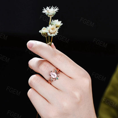 1.25ct Pear Shaped Natural Pink Rose Quartz Engagement Ring Set Rose Flower Pink Crystal Ring Nature Inspired Leaf Green Emerald Bridal Sets