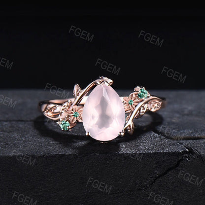 1.25ct Pear Shaped Natural Pink Rose Quartz Engagement Ring Set Rose Flower Pink Crystal Ring Nature Inspired Leaf Green Emerald Bridal Sets