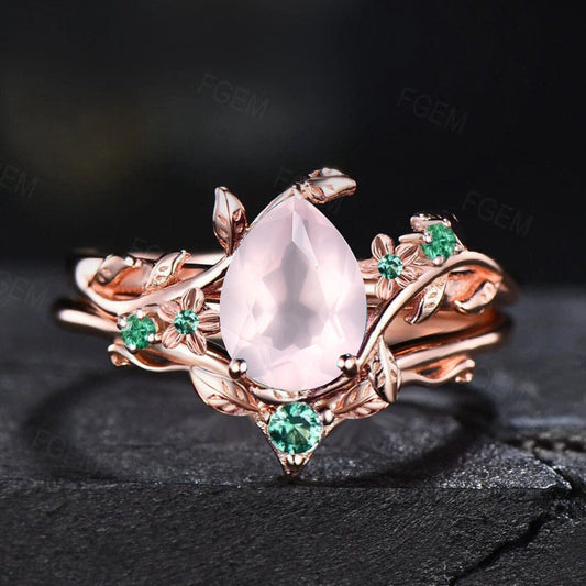 1.25ct Pear Shaped Natural Pink Rose Quartz Engagement Ring Set Rose Flower Pink Crystal Ring Nature Inspired Leaf Green Emerald Bridal Sets