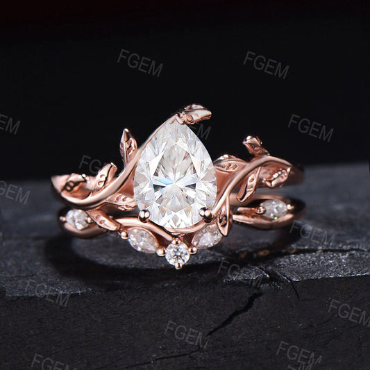 1.25ct Pear Moissanite Engagement Ring Set 10K Rose Gold Teardrop Moissanite Wedding Ring Leaf Vine Ring Diamond Bridal Set Anniversary Gift